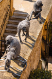 Sculpture of threemonkeys made of metal wire on the ramparts of the Tower of London.